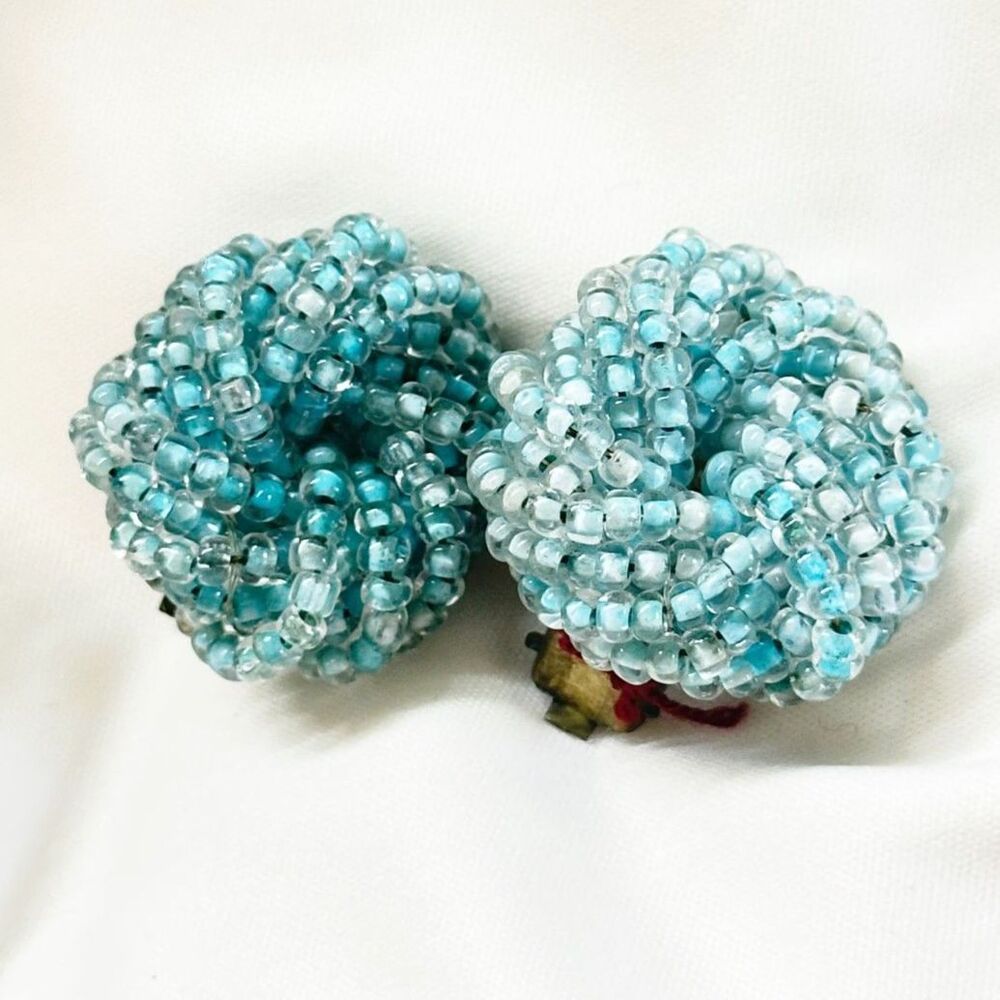 Vintage Germany Blue Seed Bead Knotted Cluster Earrings